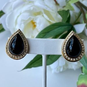 Vtg Christian Dior Black Cabochon Pave Stones Clip On Earrings